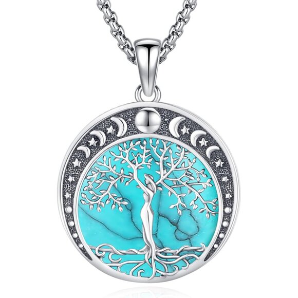 Sterling Silver Wiccan Moon Necklace with Turquoise - Adjustable Chain Unique G